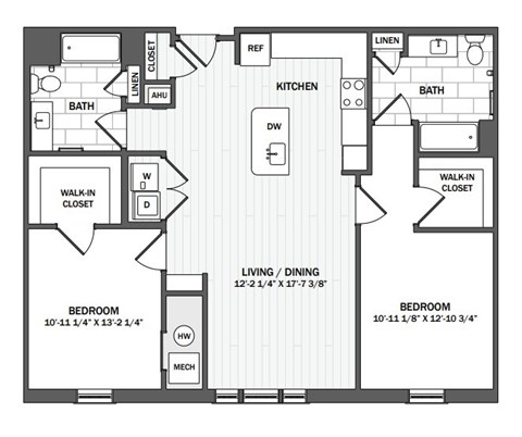 Floor plan for 2 beds, 2 baths, 1171 sqft